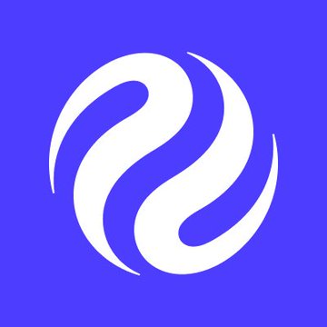 A stylized white logo resembling a swirling yin-yang pattern set against a solid blue-purple background.