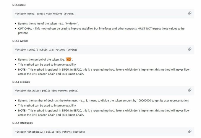 Technical documentation showing ERC-20 token standard functions including name(), symbol(), decimals(), and totalSupply() with implementation notes about EIP20 and BEP20.