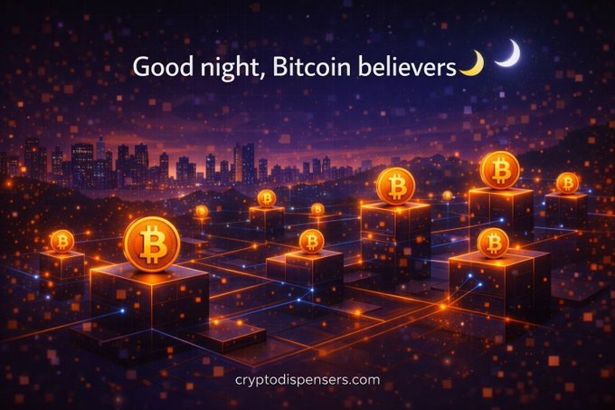 A nighttime cityscape graphic with glowing Bitcoin symbols on pedestals and the text 'Good night, Bitcoin believers' along with 'cryptodispensers.com'.