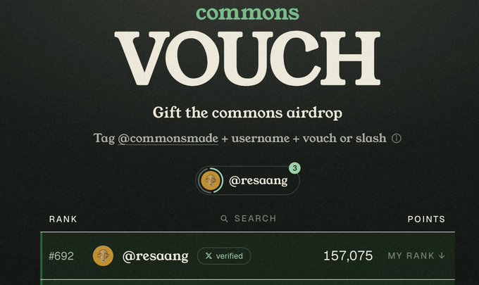 A 'commons VOUCH' graphic showing the same airdrop promotion, now featuring user @resaang with a verified badge, ranked #692 with 157,075 points.