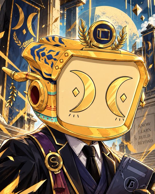 An illustration shows a figure in a suit with a golden television-shaped head featuring crescent moon eyes, set against a cityscape with the text 'KNOW LEARN BUILD BEYOND'.