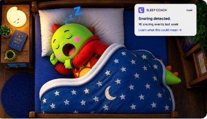 A 3D-rendered illustration of the Duolingo mascot sleeping in a star-patterned bed, accompanied by a 'SLEEP COACH' notification card stating 'Snoring detected.'