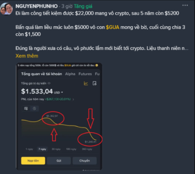 A Vietnamese Facebook post by NGUYENPHUNHO discusses crypto trading losses, showing a screenshot of a portfolio declining from $5,362.97 to $1,240.41 with red arrows pointing to the drop.