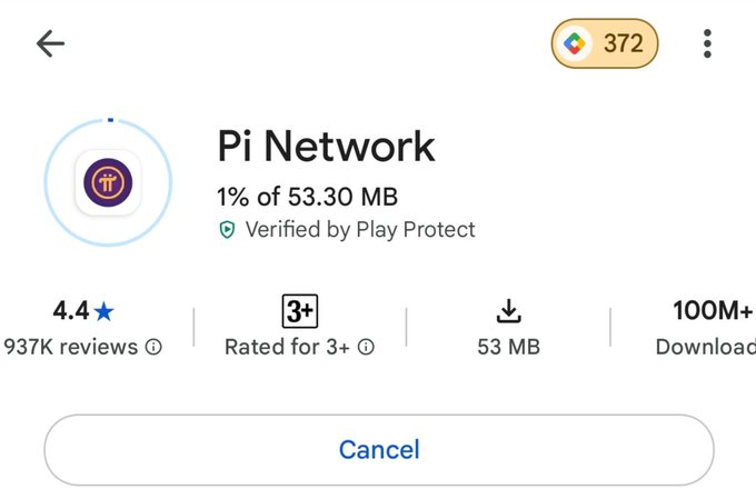 A Google Play Store screenshot shows the Pi Network app actively downloading, with 1% of 53.30 MB completed and a "Cancel" button displayed, alongside its 4.4-star rating (937K reviews) and "Verified by Play Protect" badge. The image visually supports the post's announcement of the 53MB+ Pi Network app update by confirming the update size during installation.