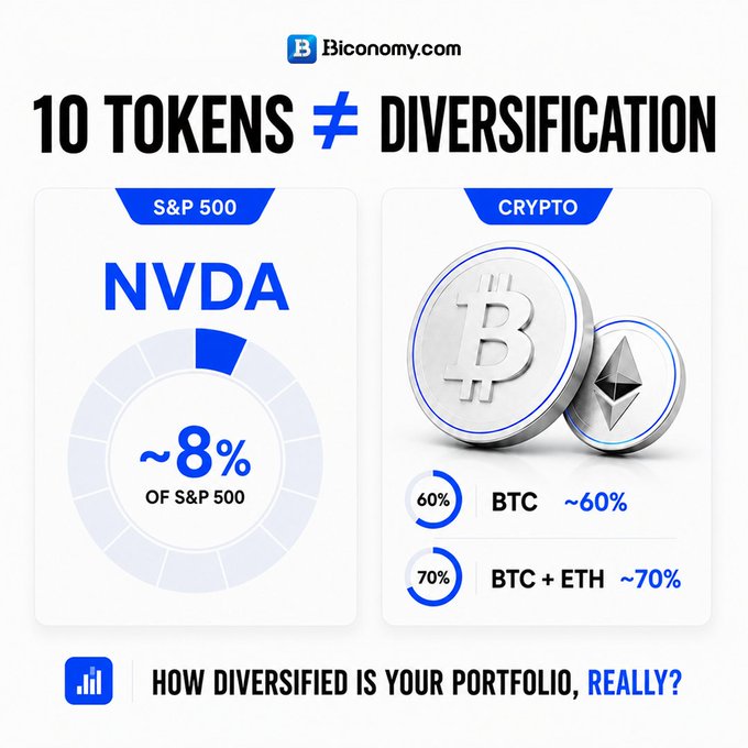 An infographic from Biconomy.com titled '10 TOKENS ≠ DIVERSIFICATION' comparing NVDA (~8% of S&P 500) to crypto holdings where BTC ~60% and BTC+ETH ~70%.
