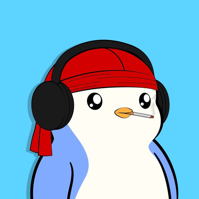 A cute cartoon penguin wearing a red headband, large black headphones, and blue sleeves holds a cigarette in its beak against a blue background. The image fits the post's birthday celebration for Pudgy Penguins, with the penguin's rebellious "make NFTs great again" vibe emphasized by its headband and cigarette.