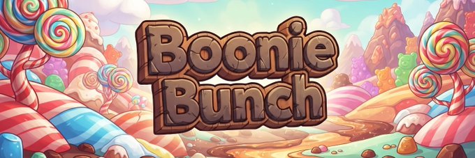 A banner image featuring the title 'Bootie Bunch' in chocolate-colored lettering against a vibrant, cartoonish landscape of swirling candies, lollipops, and mountains.