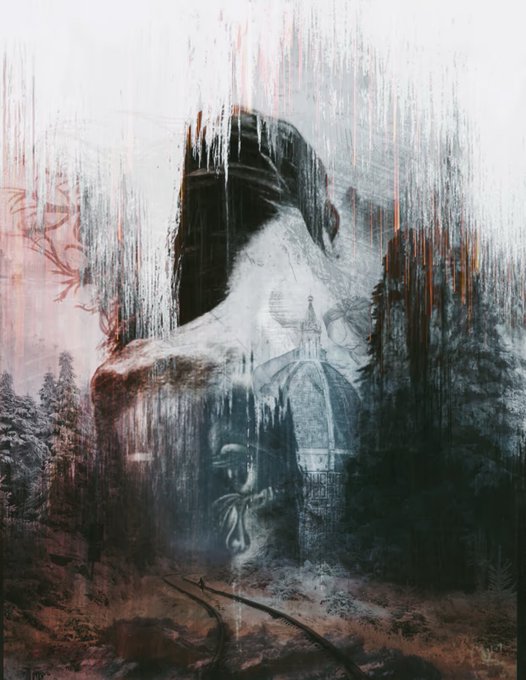 A surreal double-exposure artwork blending the profile of a woman's face with an image of a domed tower/cathedral surrounded by snowy trees, rendered with dripping paint effects in muted earth tones and gray.