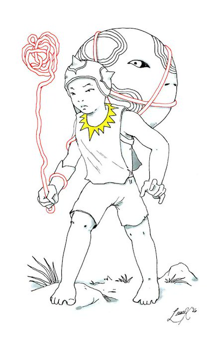 A hand-drawn ink illustration of a child wearing an ornate helmet and spiked collar, holding a staff topped with a tangled red thread heart, with a signature and '24' at the bottom.
