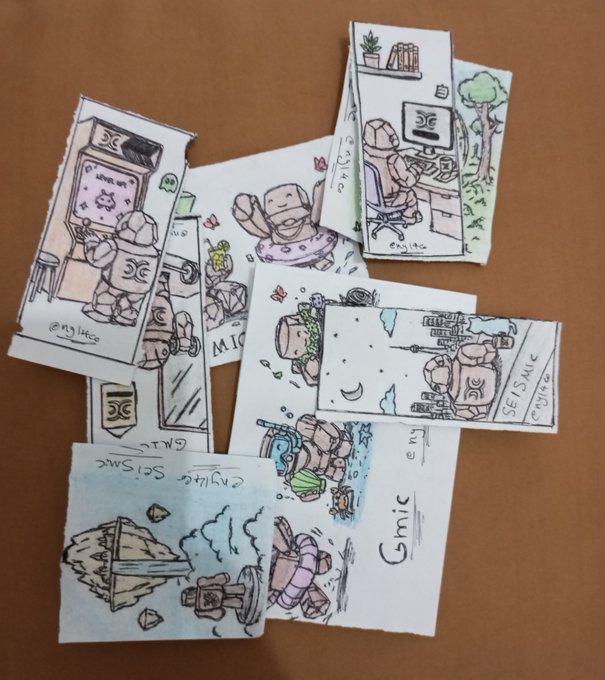 A collection of small, hand-drawn cartoon cards featuring characters at desks and computers, labeled 'Cayla', 'Mia', 'Seisaic', 'Chubby', and 'Scatter Spock', signed by @ry1tso.