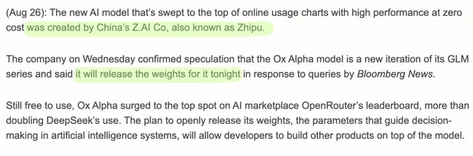 A Bloomberg News screenshot says China’s Z.ai Co., formerly Zhipu, created “Ox Alpha,” a high-performing zero-cost model, and will release its weights Wednesday night. The post connects the news to Gemini staff’s vagueposting by suggesting Google’s teasers were hyping a competitor, Z.ai.