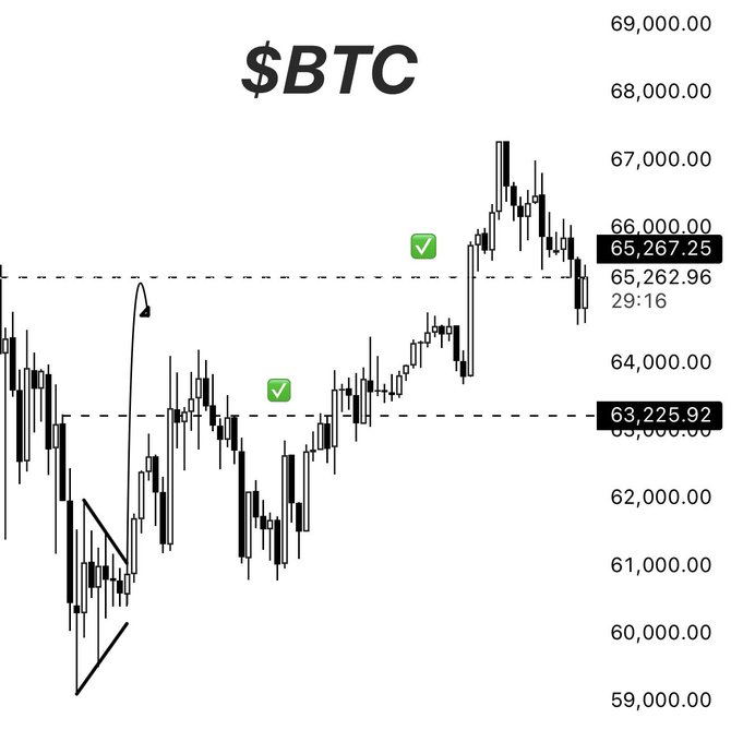 The image shows a detailed graph of Bitcoin prices, with the vertical axis representing the value of Bitcoins in dollars and the horizontal axis indicating time. The x-axis has ticks labeled at intervals such as every 50th tick mark (0) through every 100th tick mark (64,000). There are two lines on this graph: one represents the price in US Dollars over time, while the other shows Bitcoin values in Bitcoin currency. In total, there are 12 ticks present on each line. The main focus of the image is a green checkmark, located near the center of both lines, which indicates that the prices were hit at their current levels or higher.