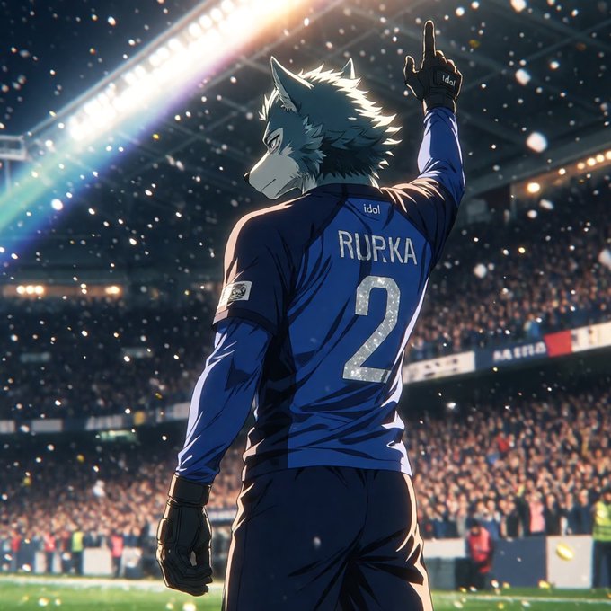 An anime wolf character in a blue jersey reading "RUPKA 2" raises a finger to the crowd in a packed stadium, rallying supporters with a victorious pose that matches the post's determined, victorious spirit. The character's triumphant gesture echoes the caption's call to "try again" and "must win."