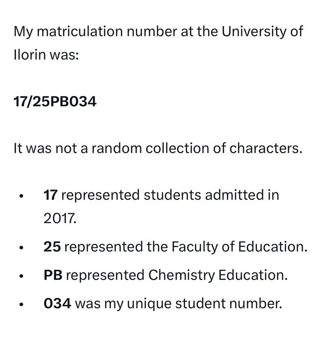 A text post explaining how a University of Ilorin matriculation number "17/25PB034" encodes information: 17 for the 2017 admission year, 25 for the Faculty of Education, PB for Chemistry Education, and 034 as the unique student ID. The accompanying caption suggests this structured encoding is used as an analogy to explain a concept in blockchain, similar to how the image illustrates how data can be systematically organized and identified through unique identifiers.