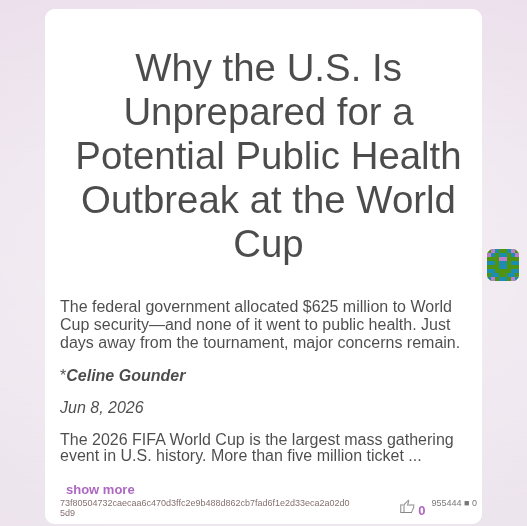 The image shows a screenshot of an article titled "Why the U.S. Is Unprepared for a Potential Public Health Outbreak at the World Cup" written by a doctor, Celine Gounder. The post was posted on June 8, 2016 and features a Bitcoin hash at the bottom that reads "Bitcoin Cash (BCH)".