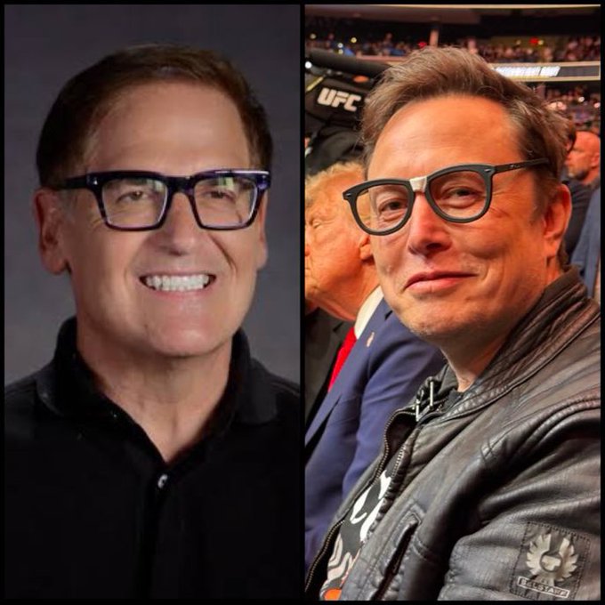 A split image showing a smiling man in glasses (likely Mark Cuban) on the left and another man in glasses wearing a leather jacket (Elon Musk) on the right, with a "UFC" sign visible in the background. The image accompanies a post claiming Cuban unfollowed Musk on X, apparently due to frustration over DOGE-related content.