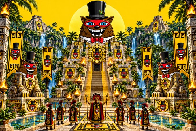 Vibrant digital artwork of an Aztec/Mayan-style pyramid temple with feline deities in top hats, flaming torches, waterfalls, and warrior figures lined up on a staircase under a yellow sky.