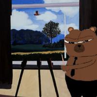 An animated cartoon bear with a grumpy expression stands on a wooden porch overlooking a mountain landscape with a lake and tree visible through the window.