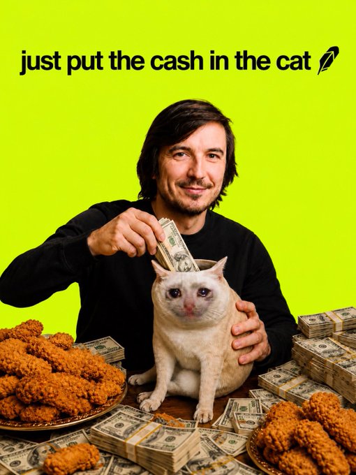 A man sits holding stacks of cash and a white cat against a bright green background, with the caption 'just put the cash in the cat' and fried chicken on the table.