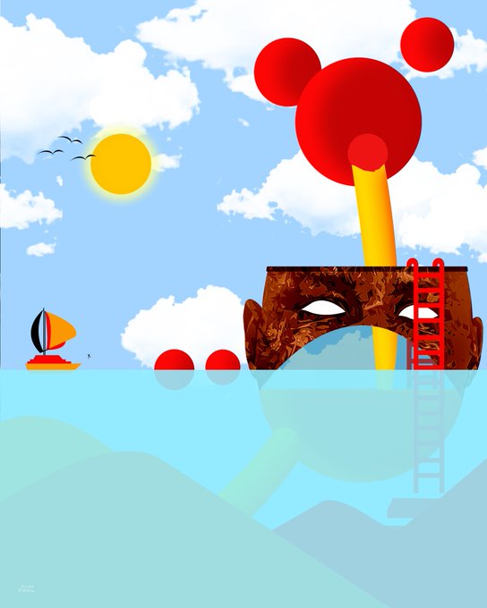 A digital artwork depicting a large Mickey Mouse-shaped head emerging from water, with a brown marbled face, red circular ears, a yellow bridge connecting to the forehead, a red ladder on the side, a small sailboat, and a sun in a cloudy blue sky.