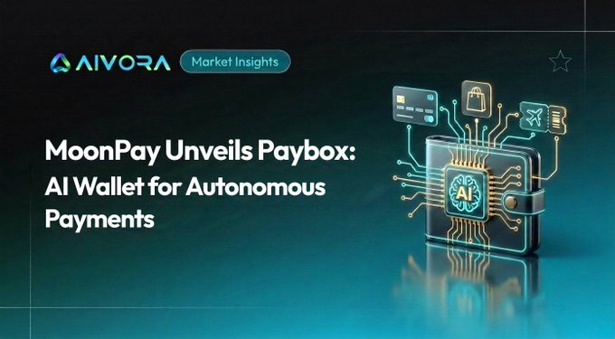 Aivora Market Insights headline "MoonPay Unveils Paybox: AI Wallet for Autonomous Payments" appears alongside an illustration of a digital wallet with circuit-board patterns and icons representing credit cards, shopping, and AI, visually reinforcing the concept of AI agents conducting autonomous financial transactions on behalf of users.