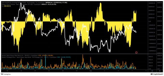 A cryptocurrency price chart with white lines and yellow volume bars on a dark background, displaying technical indicators and the CryptoQuant logo.