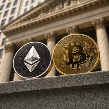 Two physical representations of major cryptocurrencies — a gold Bitcoin (₿) coin and a silver Ethereum (Ξ) coin — rest on a stone ledge in front of a classical building with columns, symbolizing the traditional financial infrastructure that increasingly intersects with these digital assets. The image visually reinforces the post's message about declining social media buzz around BTC and ETH despite continued institutional adoption.