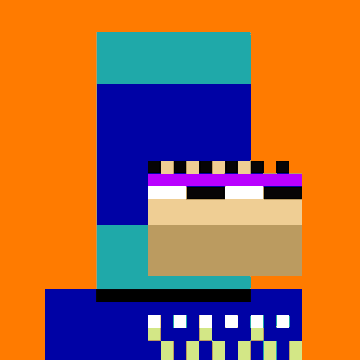 A minimalist pixel art illustration on an orange background depicting a character with a teal and dark blue body and a beige face.