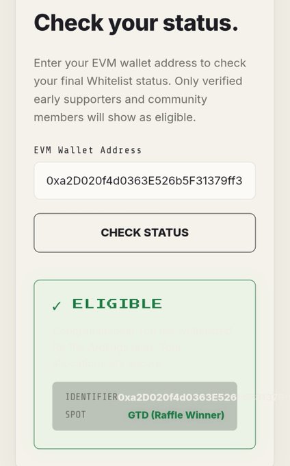 A 'Check your status' interface displays an EVM wallet address (0xa2D020f4d0363E526b5F31379ff3) with a green 'ELIGIBLE' result and 'GTD (Raffle Winner)' allocation spot.
