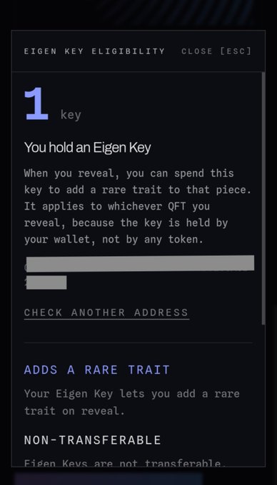 A screenshot of an "EIGEN KEY ELIGIBILITY" interface showing "1 key" held, with text explaining that revealing spends the key to add a rare trait to whichever QFT (Quip) is revealed, and that the key is tied to the user's wallet rather than any specific token, making it non-transferable.