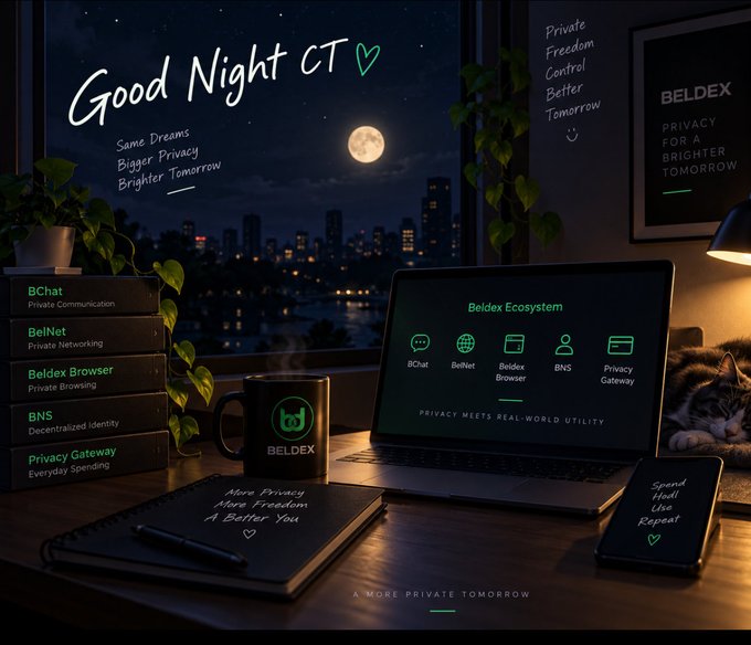 A nighttime workspace scene featuring a laptop displaying the 'Beldex Ecosystem' (BChat, BelNet, Beldex Browser, BNS, Privacy Gateway) with a Beldex mug, a sleeping cat, and text reading 'Good Night CT', 'Same Dreams, Bigger Privacy, Brighter Tomorrow', and 'A MORE PRIVATE TOMORROW'.