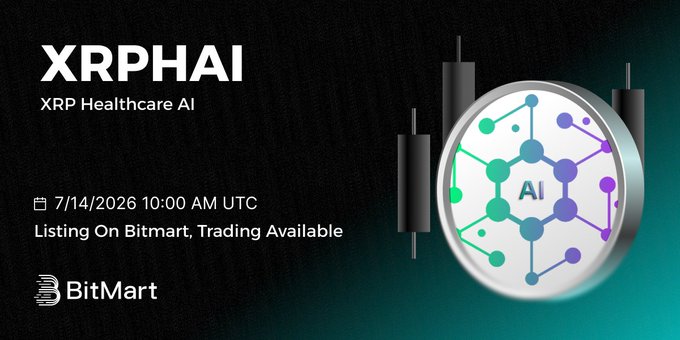 Promotional graphic announcing XRP Healthcare AI (XRPHAI) listing on BitMart, featuring the text "7/14/2026 10:00 AM UTC - Listing On Bitmart, Trading Available" alongside an AI-themed coin graphic with candlestick chart elements.