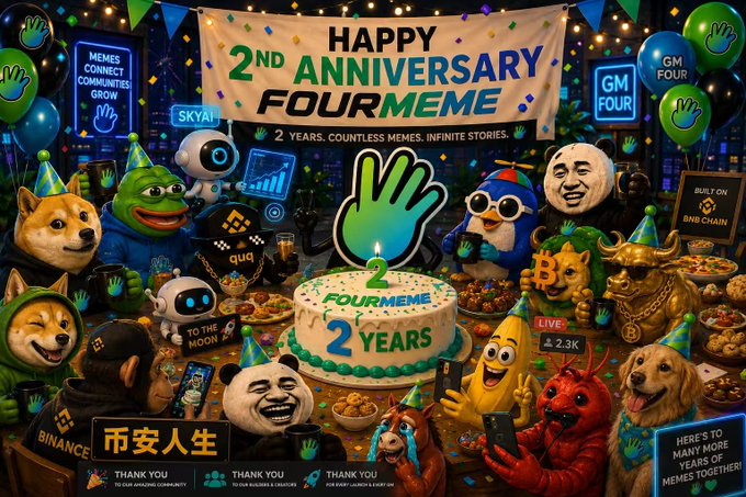 The image is a vibrant digital illustration celebrating the **2nd Anniversary of Fourmeme ("FOURMEME")**, featuring a crowded party scene with meme icons like Doge, Pepe, Bitcoin, and a banana in party hats gathered around a glowing "2 YEARS" birthday cake. Banners and signs read "HAPPY 2ND ANNIVERSARY FOURMEME — 2 YEARS, COUNTLESS MEMES, INFINITE STORIES," along with logos for **Binance**, **OKX/qua**, and references to "GMFOUR" and "skyAI." The festive meme chaos in the image mirrors the post's joke about how wildly a mere "two-year-old" meme coin has disrupted adults' lives, keeping them awake around the clock just to avoid missing a moment.