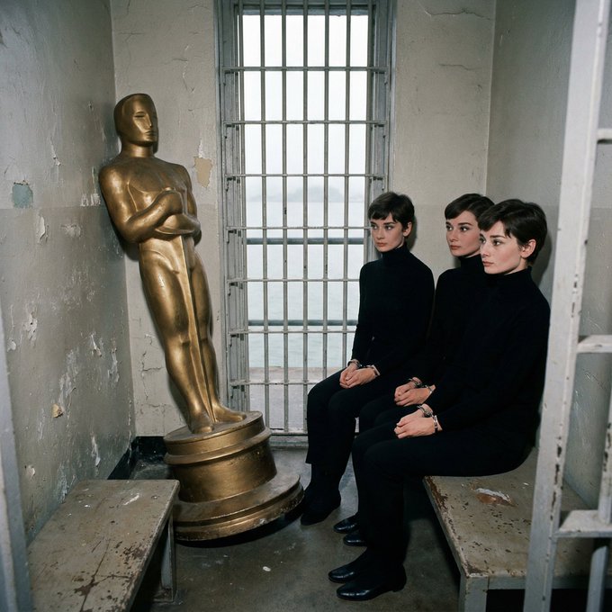 Three women with short dark hair sit on wooden benches in an austere room beside a gold statue of a humanoid figure, with what appears to be an Oscar-like award on a pedestal. The dreary, institutional setting with barred windows and peeling walls suggests a somber or surreal scene that matches the provocative, darkly comedic tone implied by the accompanying post about "Accidentally Directed," Episode #6.