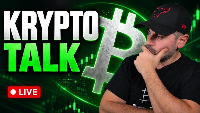 A live stream thumbnail titled 'KRYPTO TALK' featuring a man in a black cap with his hand on his chin, set against a green Bitcoin-themed background with a 'LIVE' indicator.