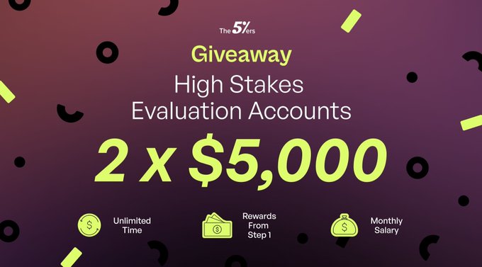 A promotional graphic for "The 5%ers" announcing a "Giveaway" of "High Stakes Evaluation Accounts" worth "2 x $5,000", highlighting features like "Unlimited Time" and "Monthly Salary".