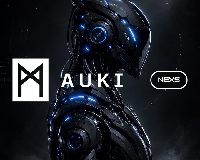 Promotional graphic featuring a futuristic robotic figure with blue accents, the AUKI logo, and the NEXS token branding.