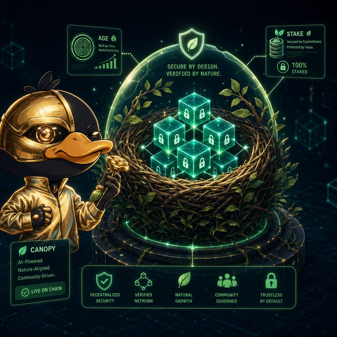 A 'CANOPY' promotional graphic featuring a duck in gold armor beside a nest of glowing green locked cubes, with stats showing 'AGE', '100% STAKED', and 'LIVE ON CHAIN'.