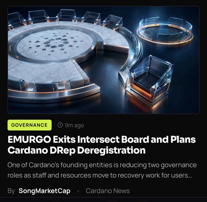 A news article preview titled 'EMURGO Exits Intersect Board and Plans Cardano DRep Deregistration' tagged with 'GOVERNANCE', featuring a futuristic 3D rendering of a circular meeting room with glass chairs.