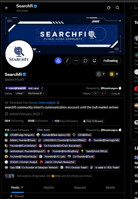 A Twitter/X profile page for 'Searchfi' (@searchfi_eth), a Global Alpha Community, with 164K Followers, 994 Following, and 41K posts, powered by @frontrunpro.