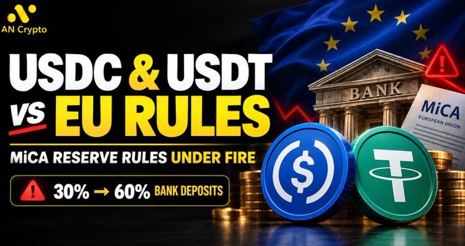 A promotional image for "AN Crypto" highlighting the conflict between $USDC and $USDT issuers and EU MiCA regulations, featuring text stating "MiCA Reserve Rules Under Fire" with a callout noting "30% → 60% Bank Deposits," alongside visuals of a bank, EU flag, and USDC/USDT coin logos. The image visually represents the article's focus on stablecoin issuers, particularly Circle, pushing back against the EU's reserve requirements that mandate 30% (rising to 60% for significant stablecoins) of reserves be held in bank deposits.