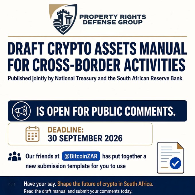 A promotional graphic from the Property Rights Defense Group announcing a 'Draft Crypto Assets Manual for Cross-Border Activities,' published by the National Treasury and South African Reserve Bank, with a public comment deadline of 30 September 2026.
