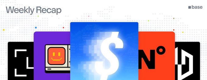 A graphic titled 'Weekly Recap' from 'base' displays several colorful cards featuring icons including a dollar sign, a smiley face, and the text 'N°'.
