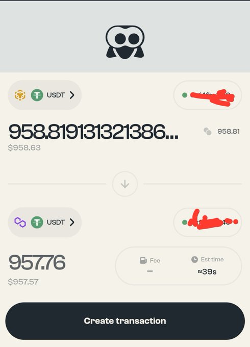 A cryptocurrency exchange interface showing a USDT to USDT transaction for approximately 957.76, with the amounts and addresses scribbled out in red.