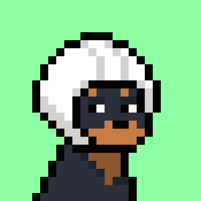 A pixel art character with dark skin wearing a white, dome-shaped hat or helmet, set against a solid light green background.