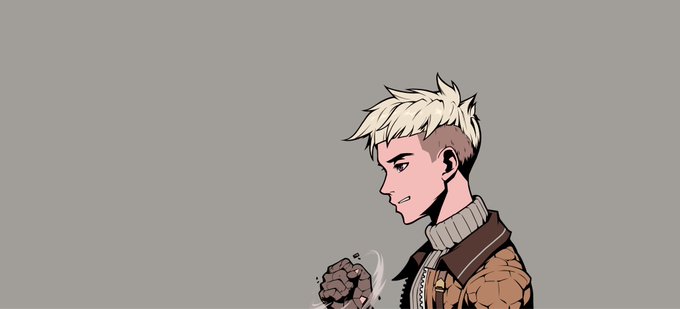 A side-profile illustration of a blonde-haired young man wearing a brown quilted jacket and white turtleneck, looking down thoughtfully at his clenched, cracked fist—matching the Azuki NFT collection's character art style.