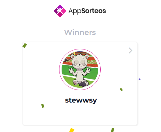 An 'AppSorteos' winners page displays a circular avatar of a white cartoon cat with closed eyes sitting on green grass, labeled with the username 'stewwsy'.