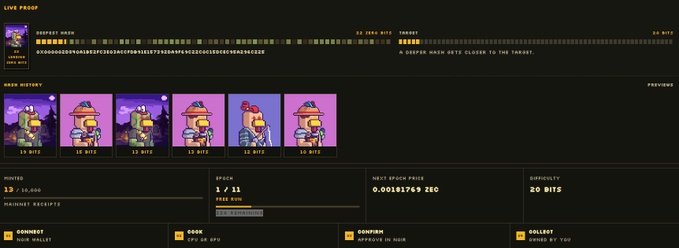 A pixel-art style cryptocurrency interface showing NFT history, mint price '0.00181769 ZEC', supply '1 / 11', and current bids, with text including 'LIVE PROOF' and 'MASK BITS'.