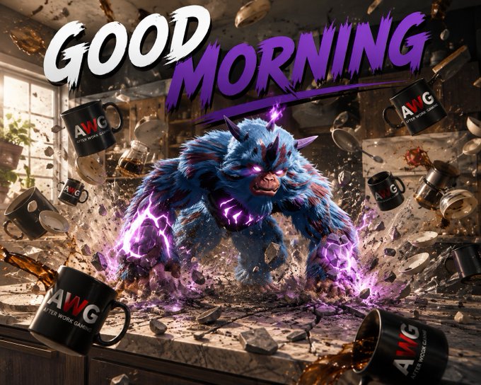 A 'Good Morning' graphic featuring a fierce blue furry monster with purple glowing fists amid flying mugs branded 'AWG (After Work Gaming)' in a destroyed kitchen.