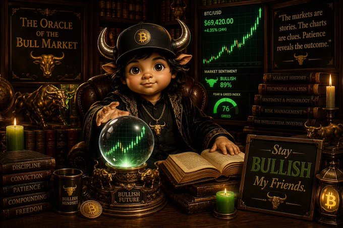 A digital illustration titled 'The Oracle of the Bull Market' featuring a viking-helmeted child reading charts, with BTCUSD shown at $69,420.00 (+4.35%) and messages 'Stay BULLISH My Friends.'